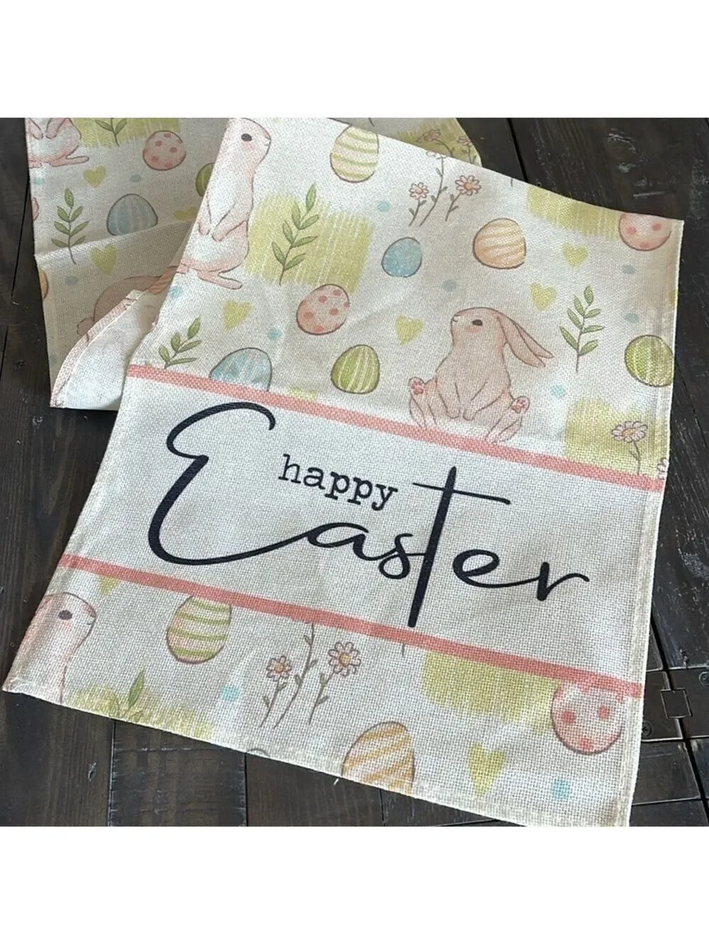 Easter Bunny Table Runner 13.5“ x 70” Happy Easter Egg Bunny Pink Blue EUC
